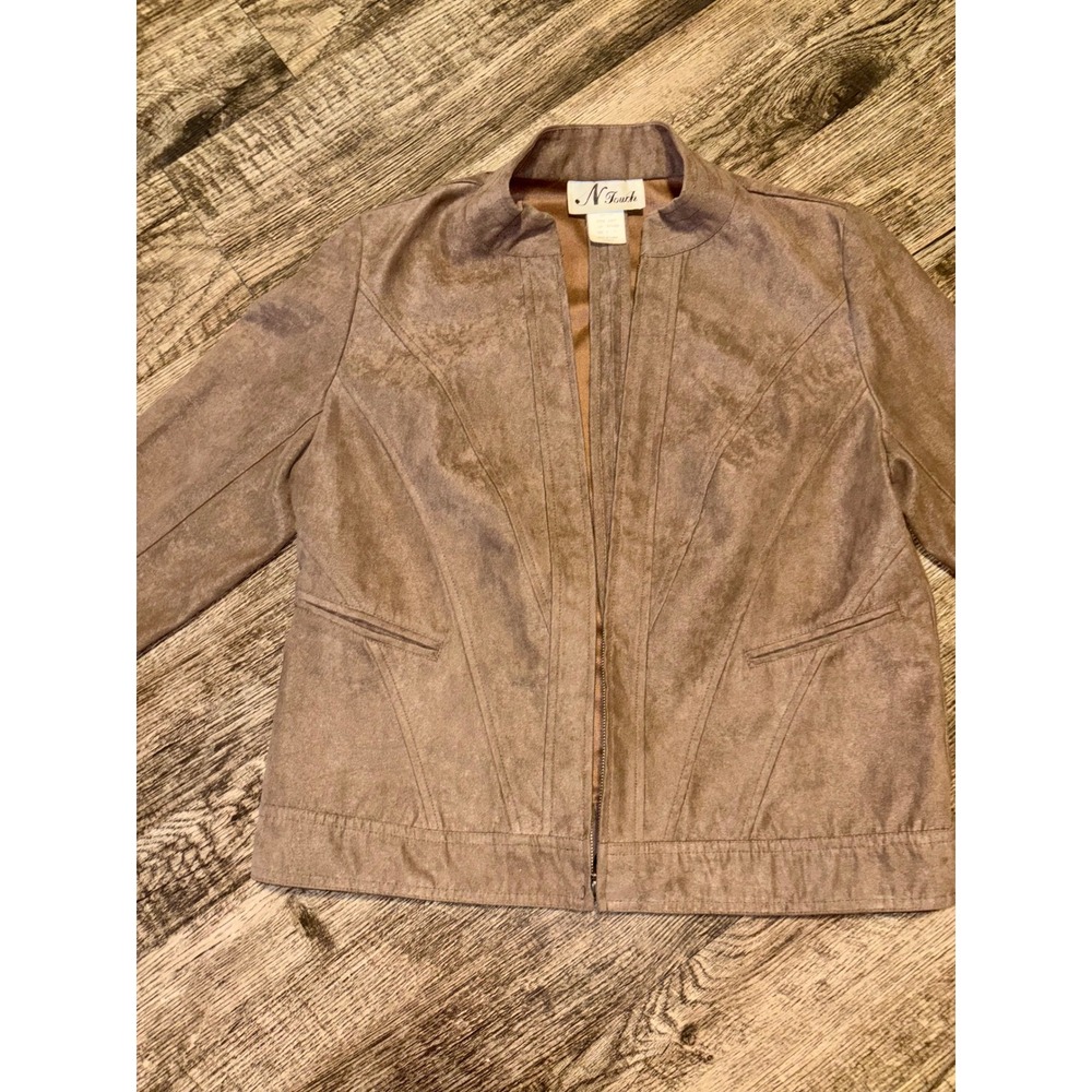 N Touch Womens Faux Suede Zip Up Jacket Taupe Brown Mock Neck Size 6 898FP